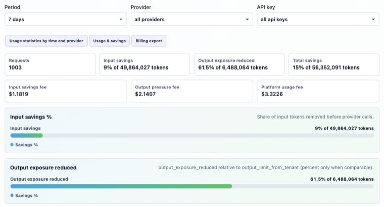 SaveT tenant dashboard overview with request count, input savings, output exposure reduction, and fees